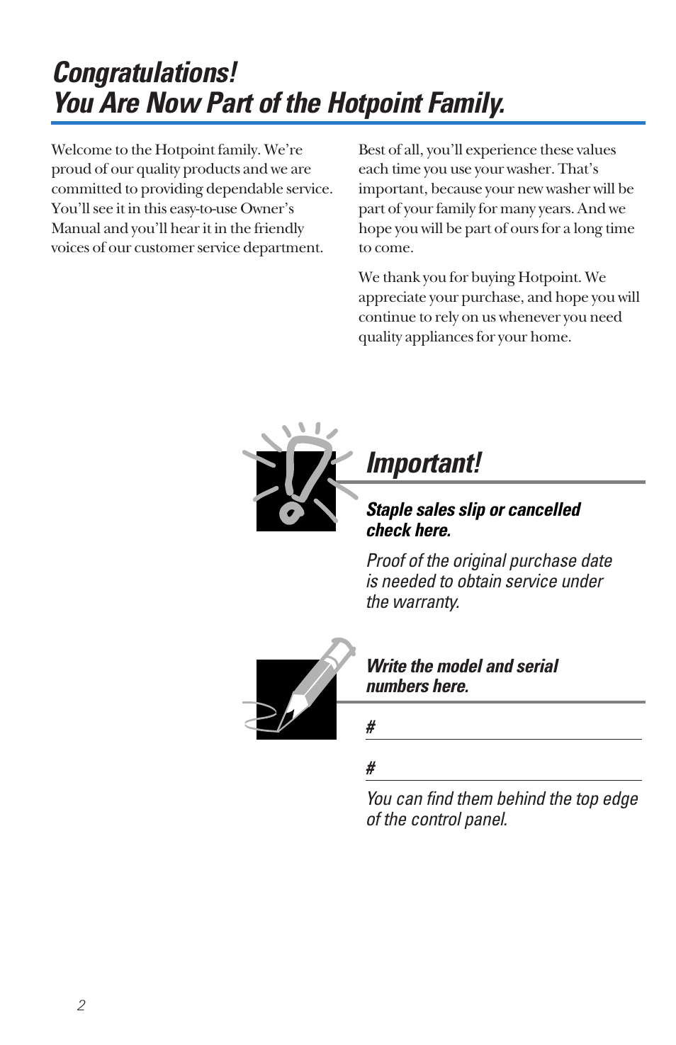 Important | Hotpoint VWSR4100 User Manual | Page 2 / 20