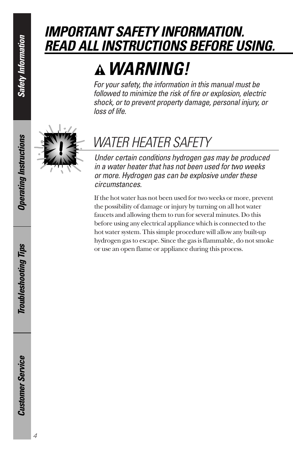 Safety information, Safety information –7, Warning | Water heater safety | Hotpoint VWSR4100 User Manual | Page 4 / 20