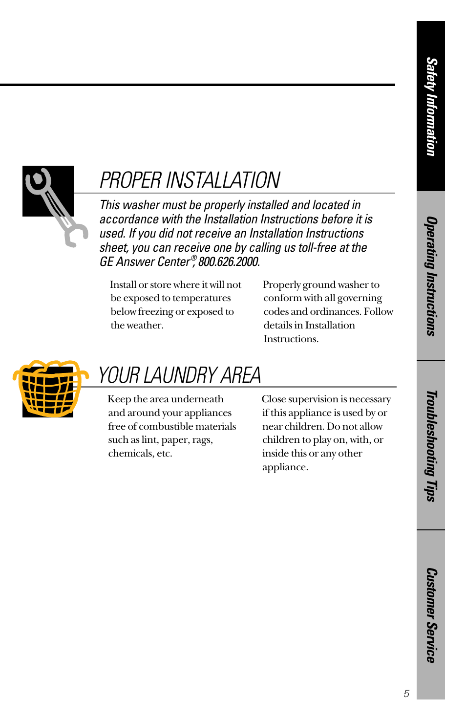 Proper installation, Your laundry area | Hotpoint VWSR4100 User Manual | Page 5 / 20