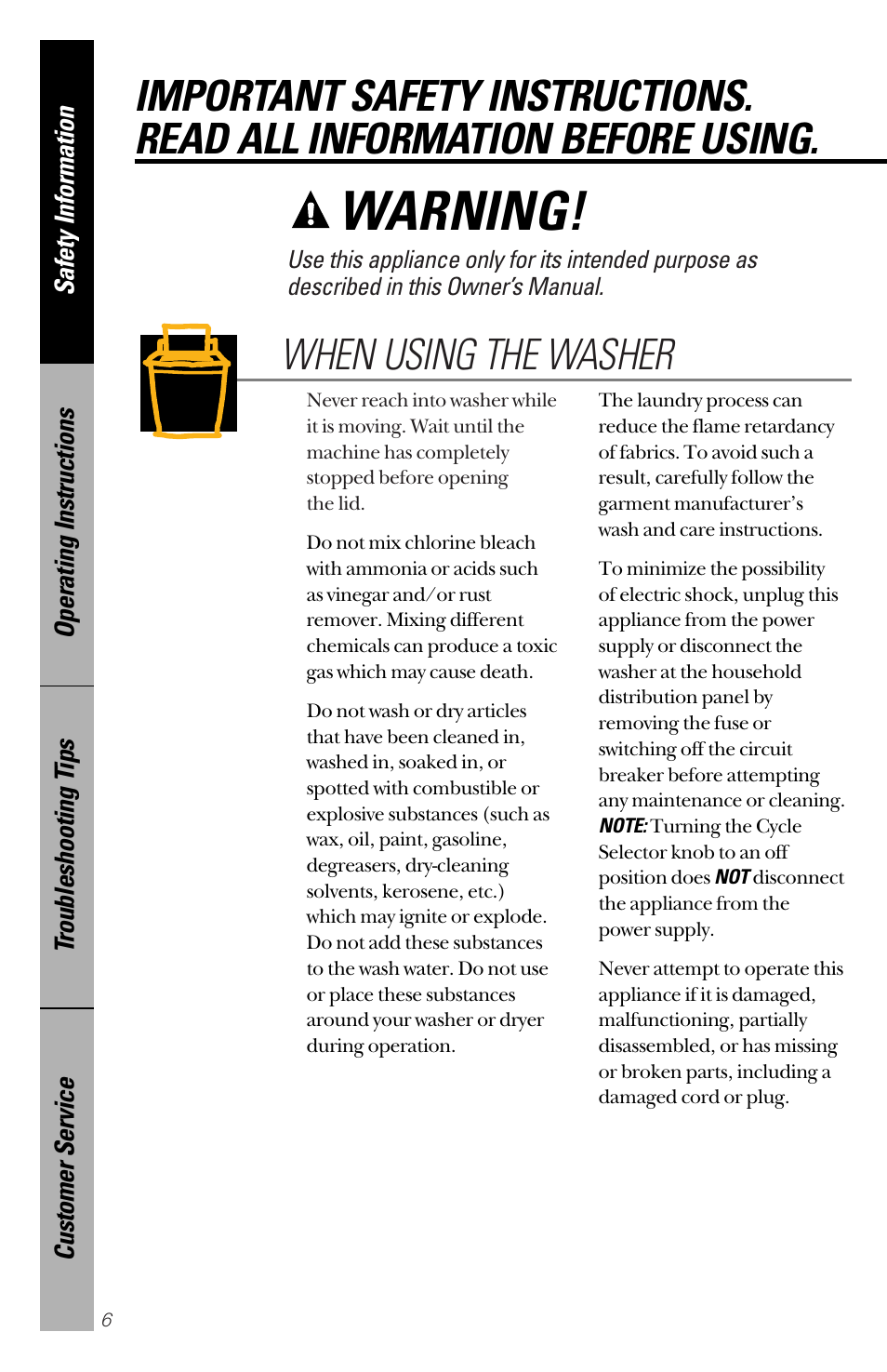 Warning, When using the washer | Hotpoint VWSR4100 User Manual | Page 6 / 20