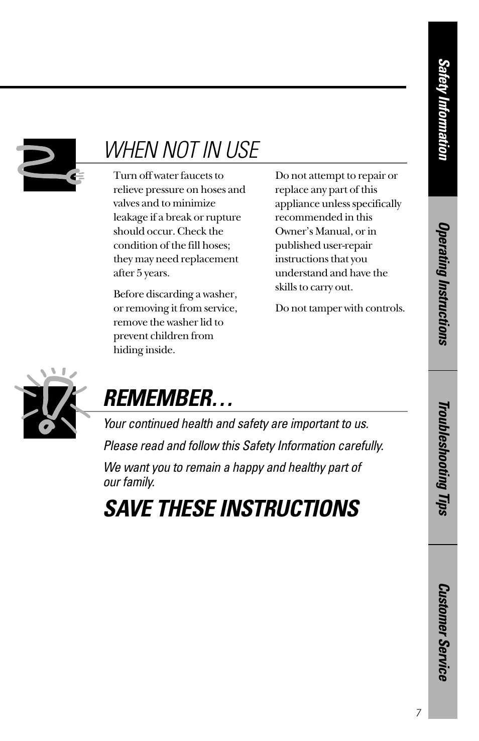 When not in use remember, Save these instructions | Hotpoint VWSR4100 User Manual | Page 7 / 20