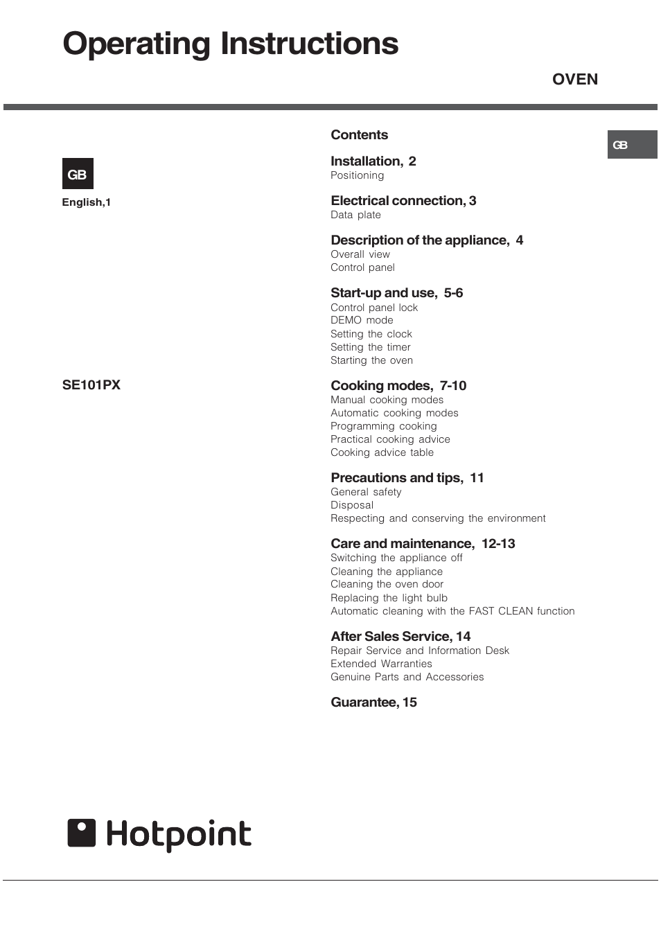 Hotpoint SE101PX User Manual | 16 pages