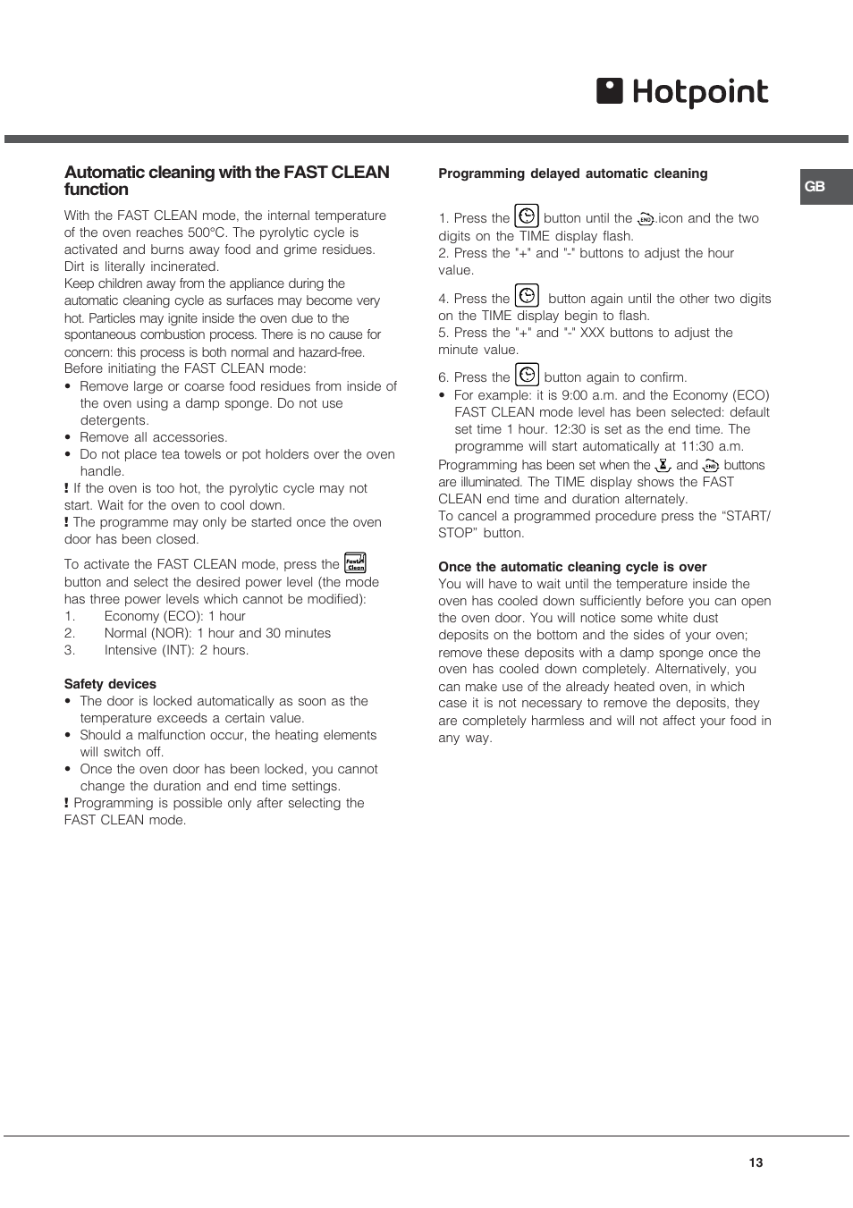 Automatic cleaning with the fast clean function | Hotpoint SE101PX User Manual | Page 13 / 16