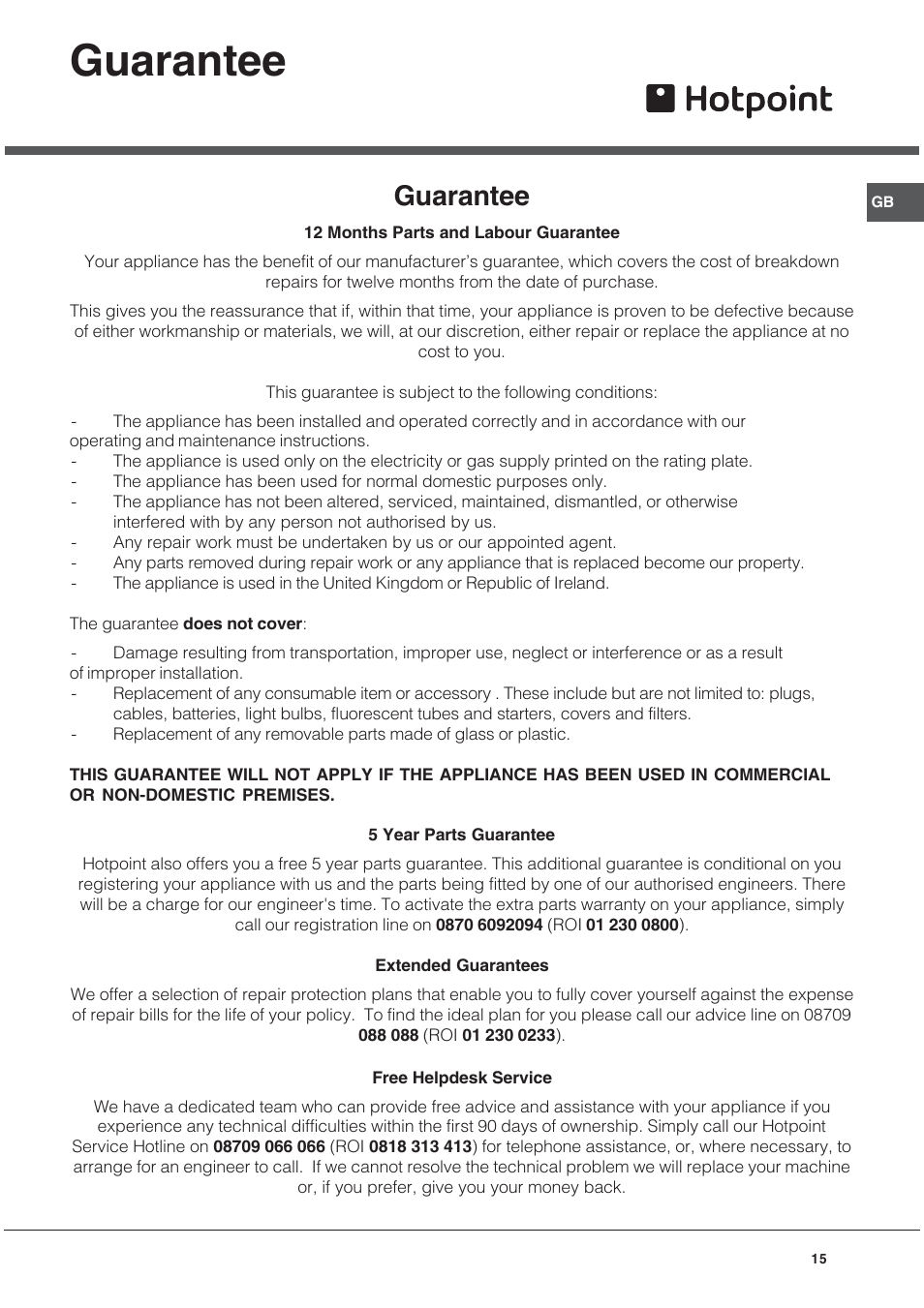Guarantee | Hotpoint SE101PX User Manual | Page 15 / 16