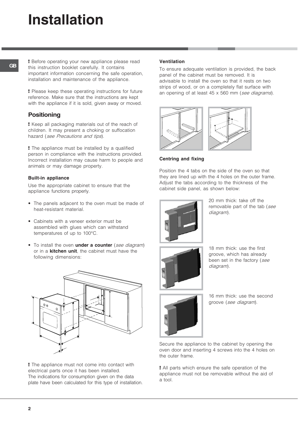 Installation, Positioning | Hotpoint SE101PX User Manual | Page 2 / 16