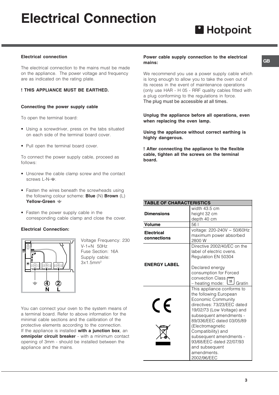 Electrical connection | Hotpoint SE101PX User Manual | Page 3 / 16