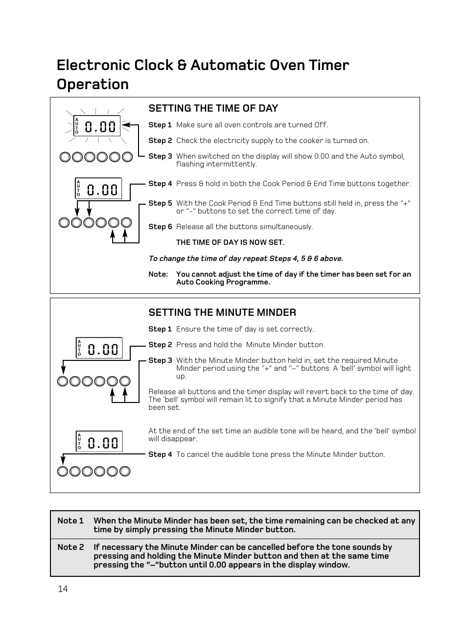 Electronic clock & automatic oven timer operation, Setting the time of day, Setting the minute minder | Hotpoint BD62 Mk2 User Manual | Page 14 / 48