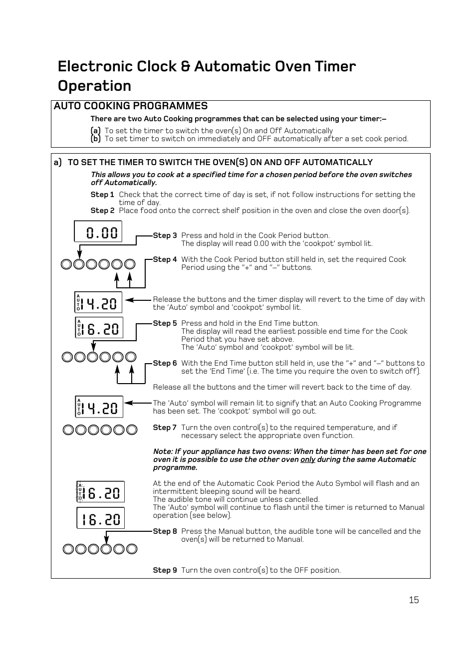 Electronic clock & automatic oven timer operation, Auto cooking programmes | Hotpoint BD62 Mk2 User Manual | Page 15 / 48