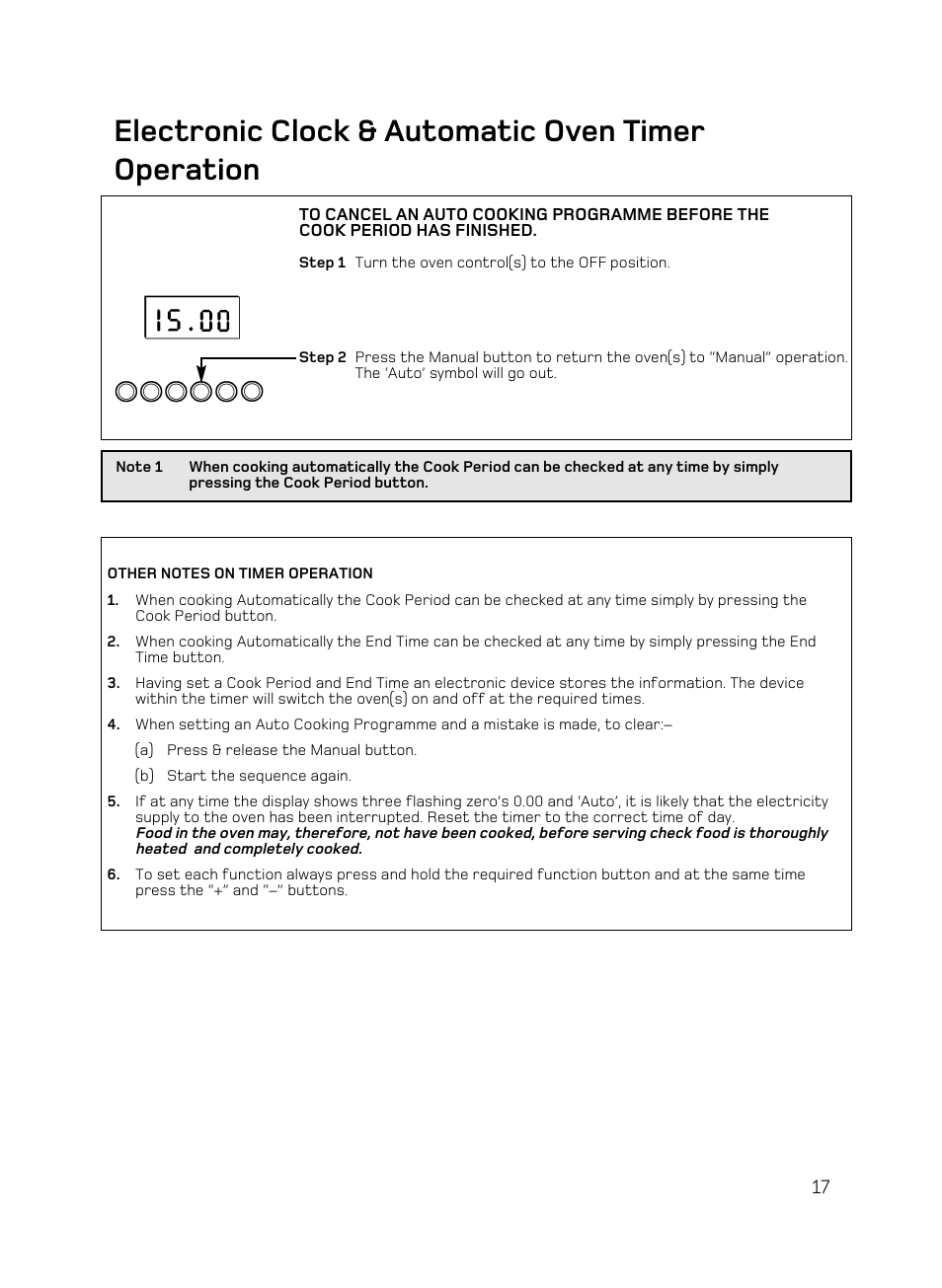 Electronic clock & automatic oven timer operation | Hotpoint BD62 Mk2 User Manual | Page 17 / 48