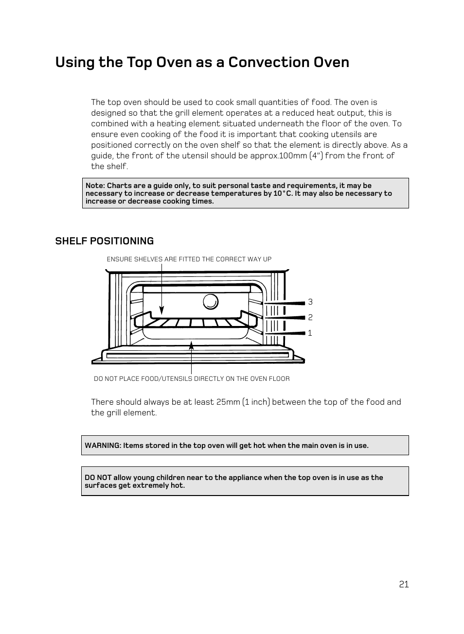 Using the top oven as a convection oven, Shelf positioning | Hotpoint BD62 Mk2 User Manual | Page 21 / 48