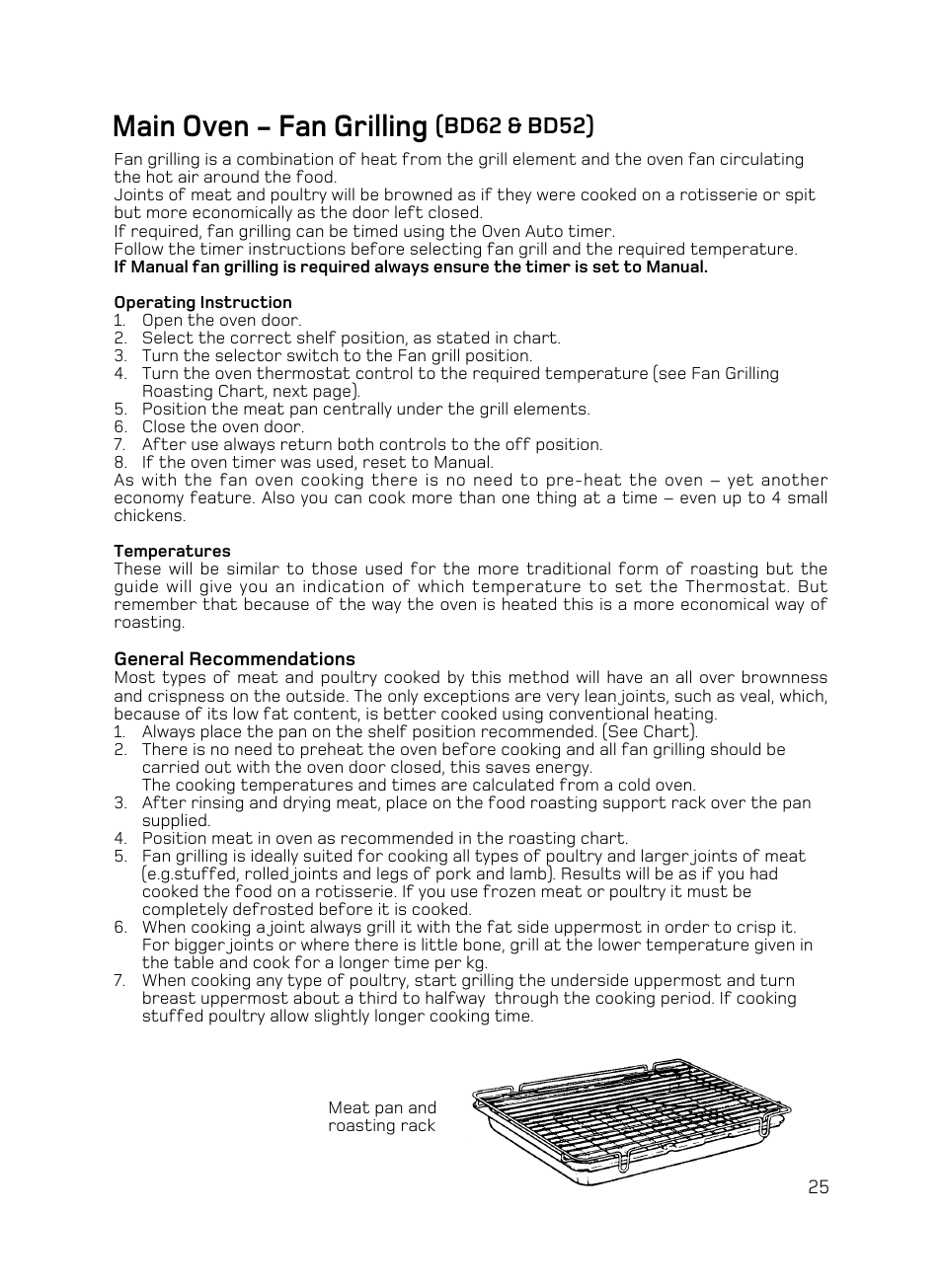 Main oven - fan grilling, Bd62 & bd52) | Hotpoint BD62 Mk2 User Manual | Page 25 / 48