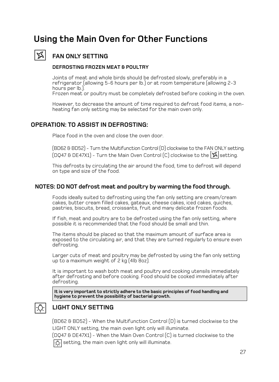 Using the main oven for other functions | Hotpoint BD62 Mk2 User Manual | Page 27 / 48