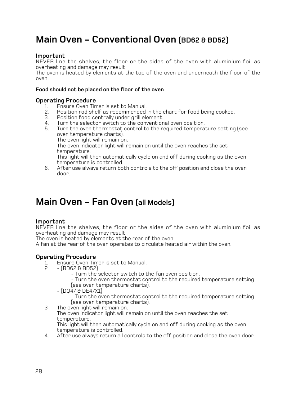 Main oven - conventional oven, Main oven - fan oven, Bd62 & bd52) | All models) | Hotpoint BD62 Mk2 User Manual | Page 28 / 48