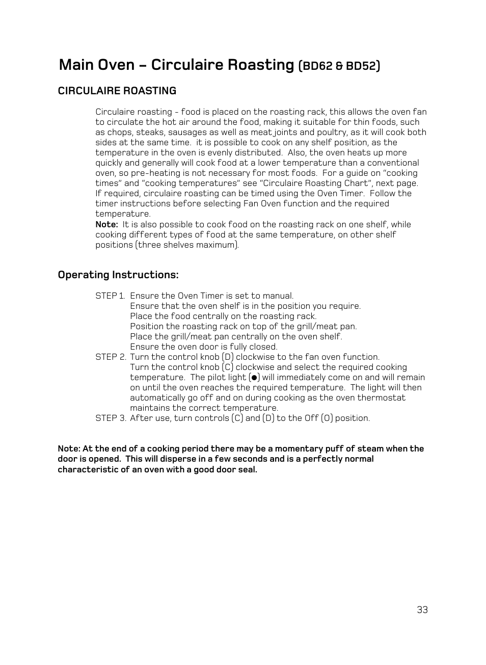 Main oven - circulaire roasting, Bd62 & bd52) | Hotpoint BD62 Mk2 User Manual | Page 33 / 48