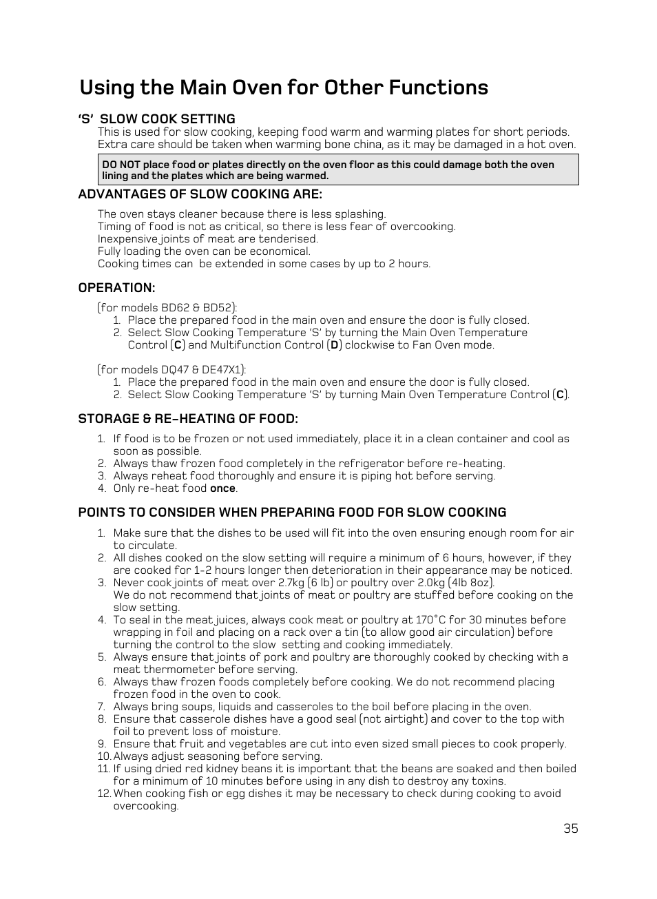 Using the main oven for other functions | Hotpoint BD62 Mk2 User Manual | Page 35 / 48