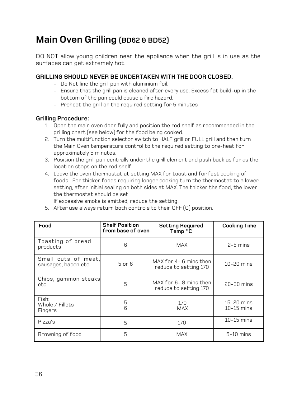 Main oven grilling, Bd62 & bd52) | Hotpoint BD62 Mk2 User Manual | Page 36 / 48