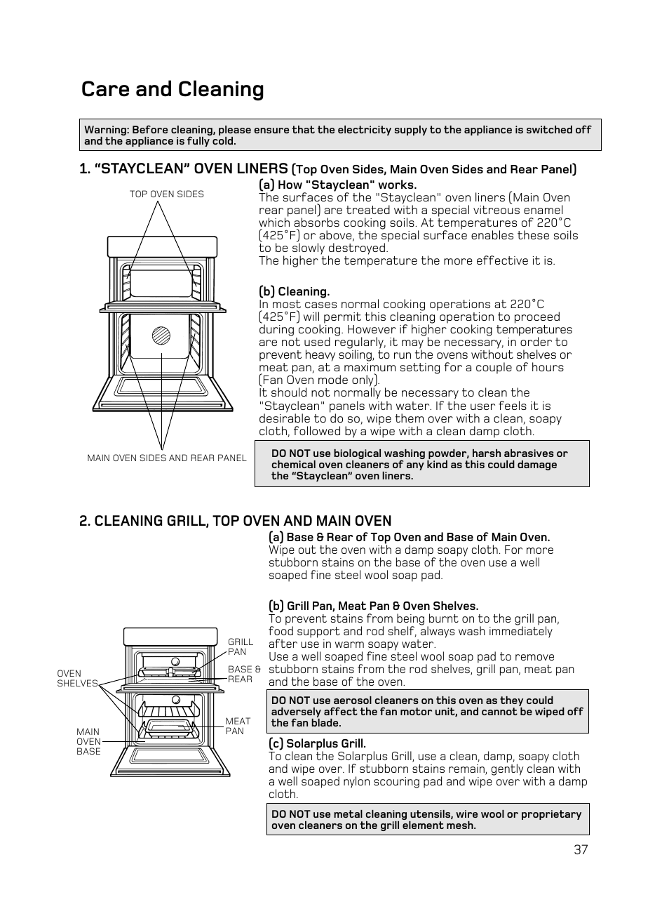 Care and cleaning, “stayclean” oven liners, Cleaning grill, top oven and main oven | Hotpoint BD62 Mk2 User Manual | Page 37 / 48