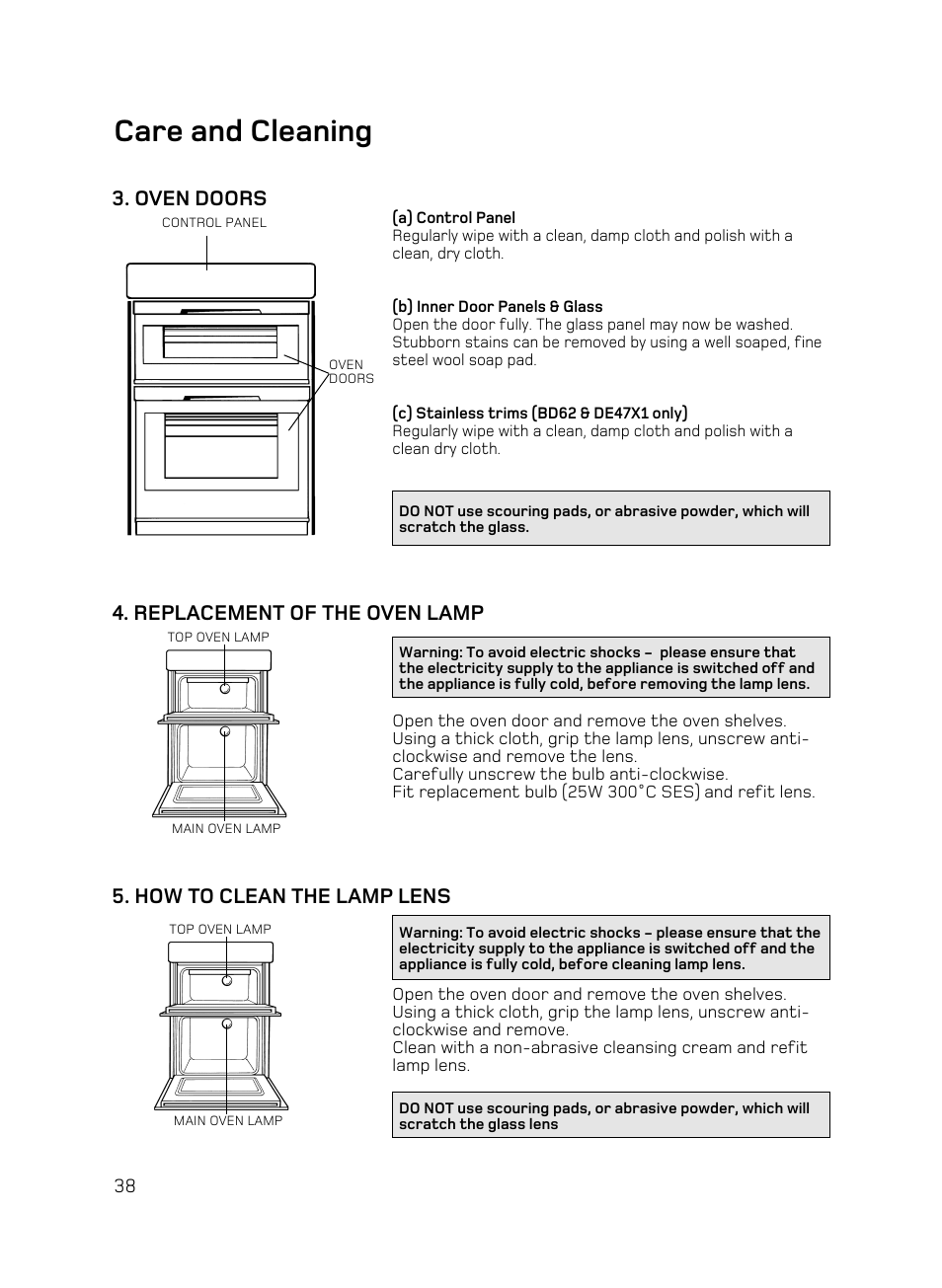 Care and cleaning, Oven doors, Replacement of the oven lamp | How to clean the lamp lens | Hotpoint BD62 Mk2 User Manual | Page 38 / 48