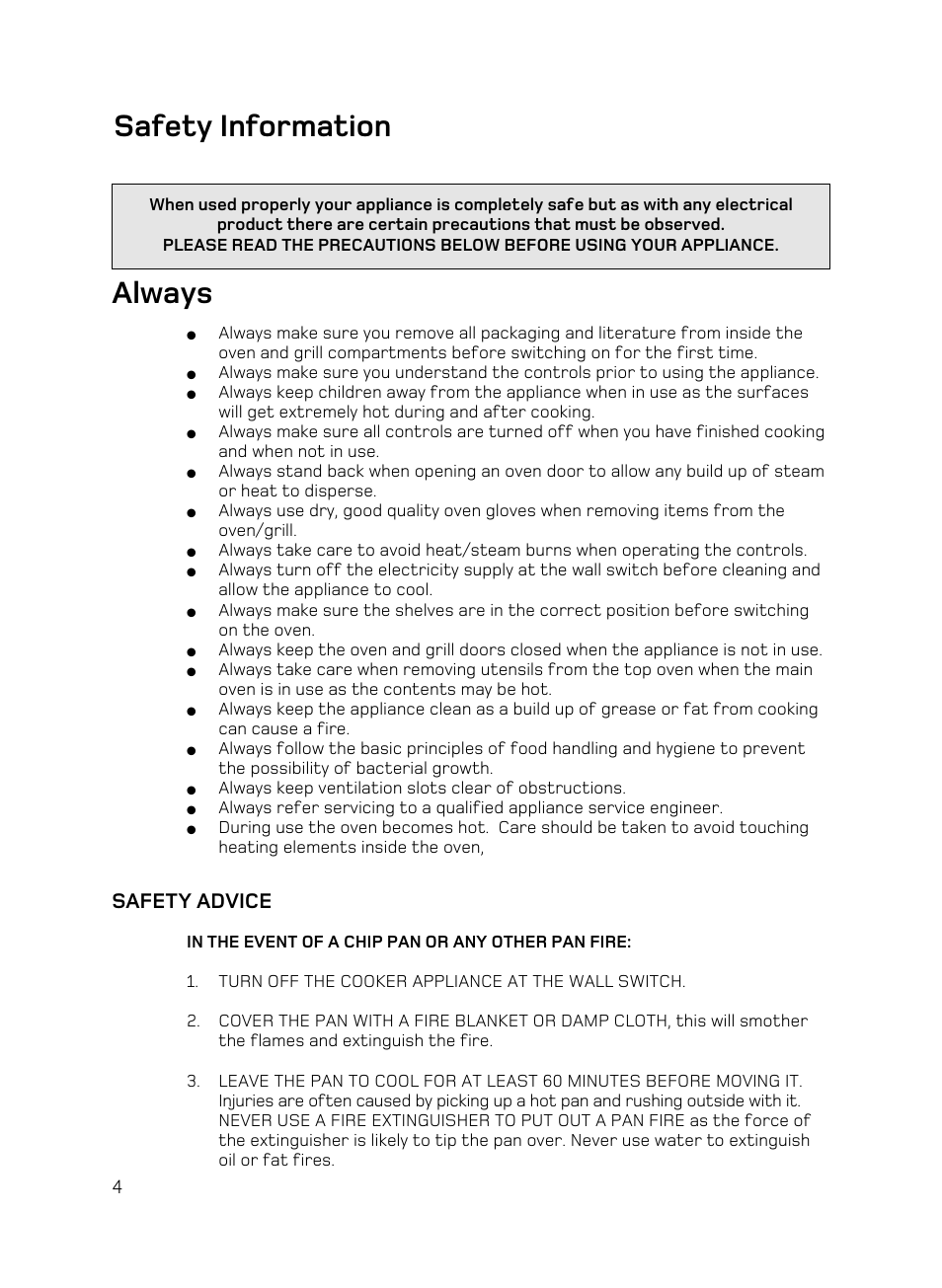 Always, Safety information, Safety advice | Hotpoint BD62 Mk2 User Manual | Page 4 / 48