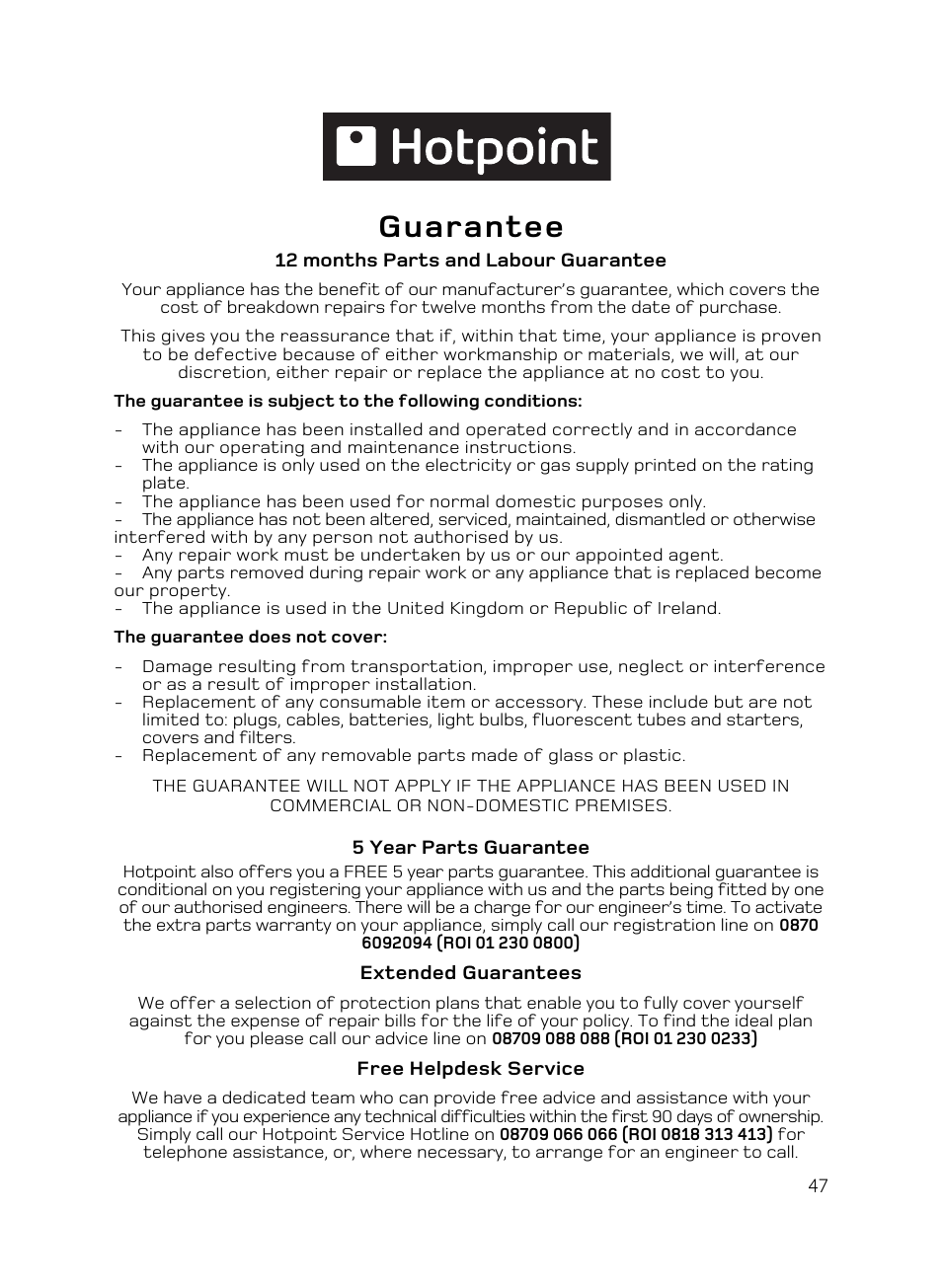 Guarantee | Hotpoint BD62 Mk2 User Manual | Page 47 / 48