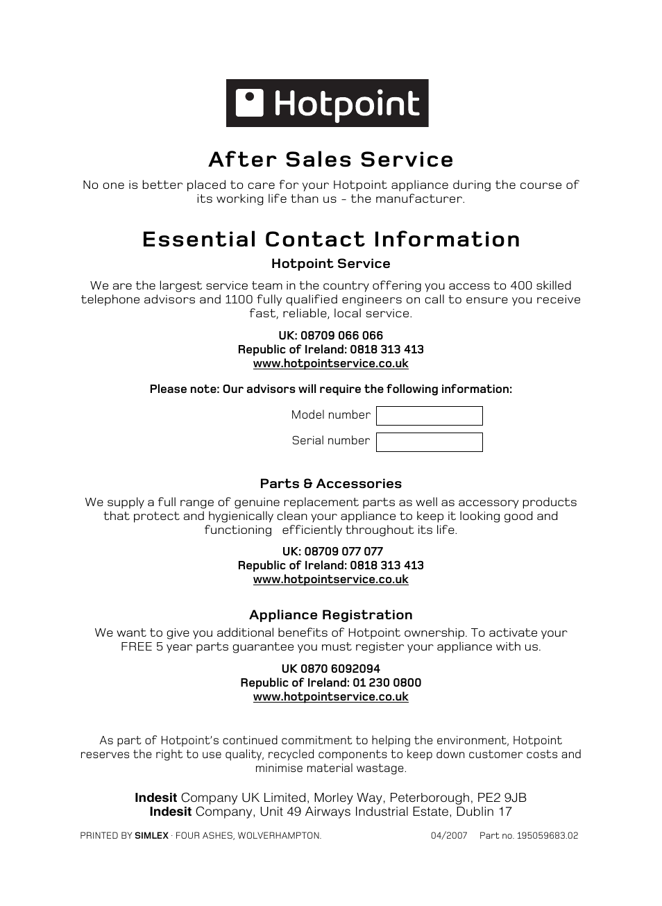 After sales service, Essential contact information | Hotpoint BD62 Mk2 User Manual | Page 48 / 48