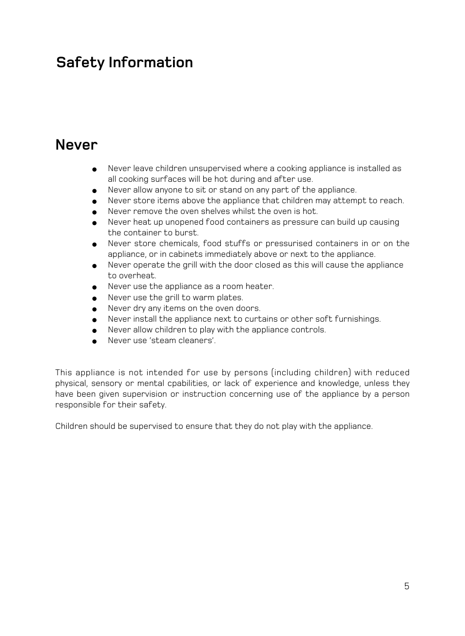 Never, Safety information | Hotpoint BD62 Mk2 User Manual | Page 5 / 48