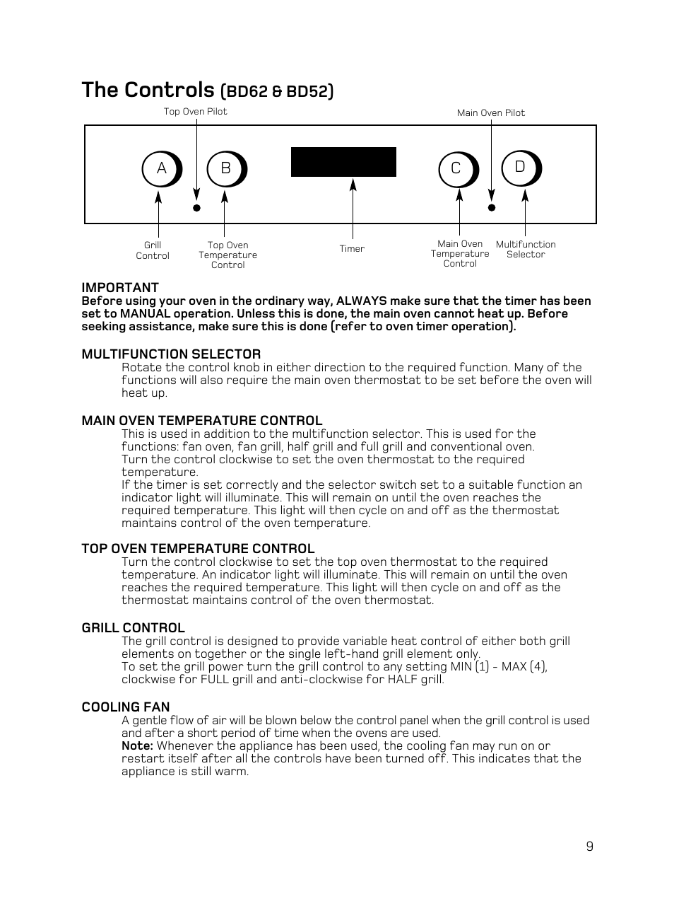 The controls | Hotpoint BD62 Mk2 User Manual | Page 9 / 48