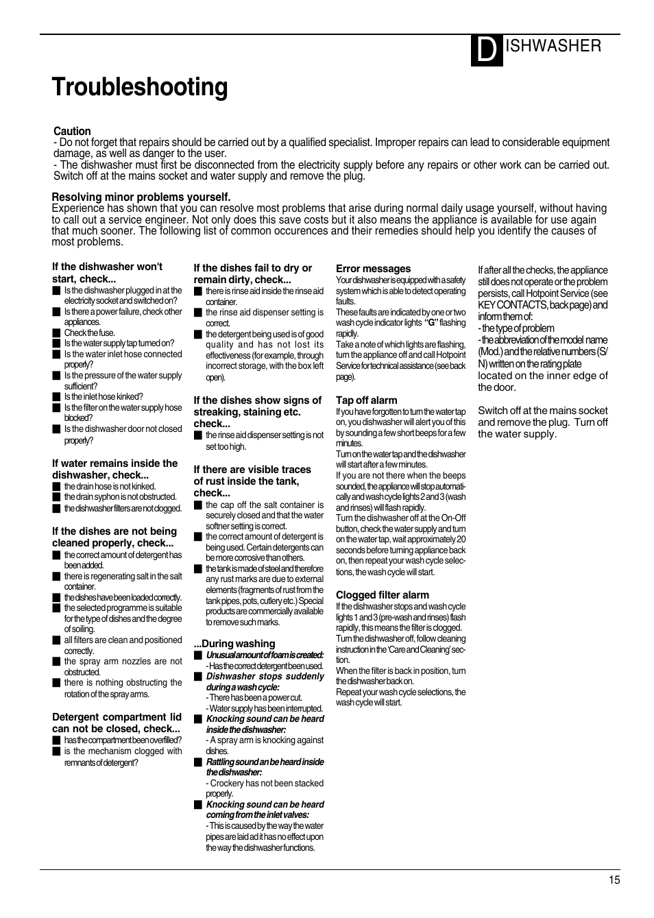 Troubleshooting, Ishwasher | Hotpoint DWF40 User Manual | Page 15 / 20