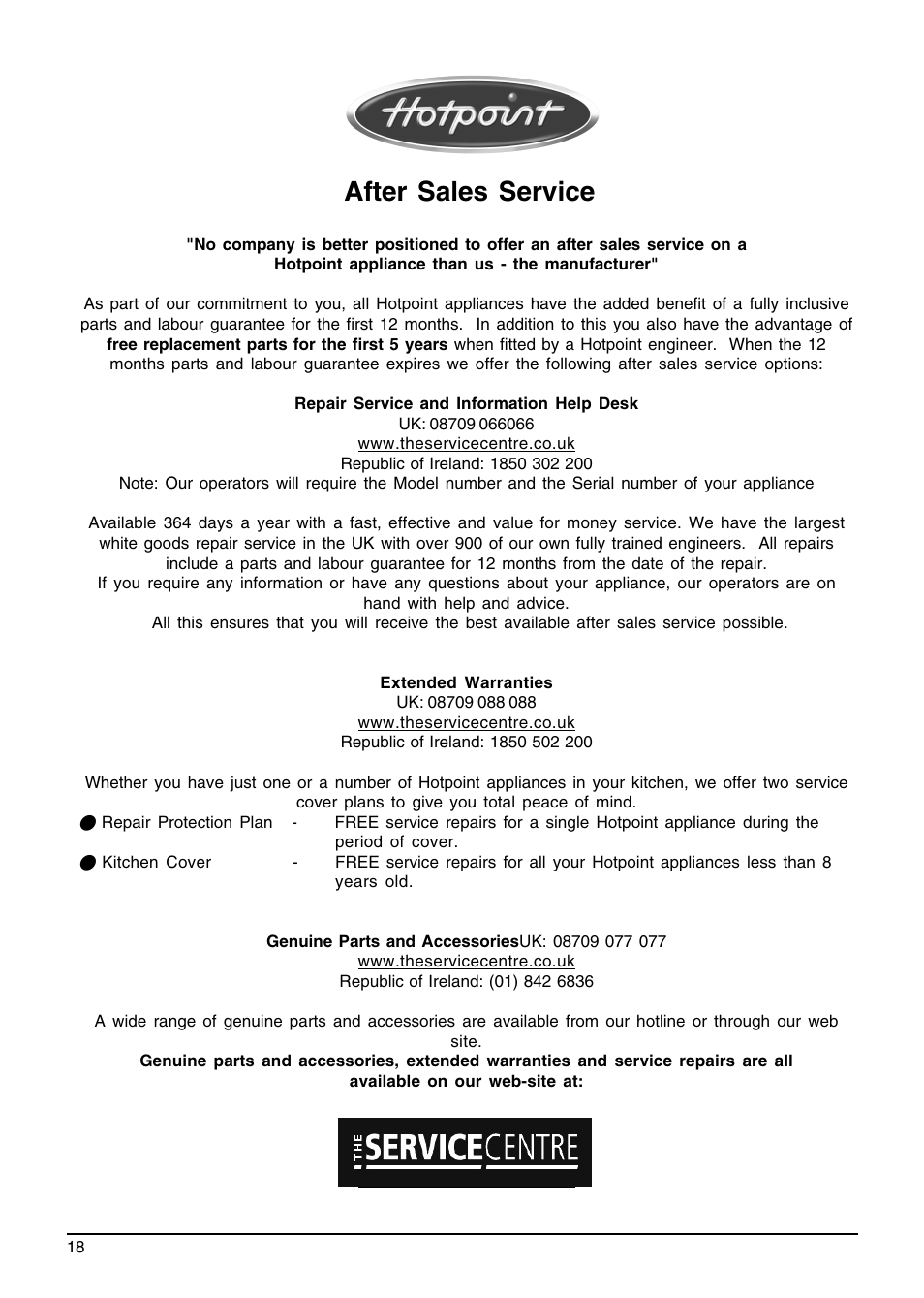 After sales service | Hotpoint DWF40 User Manual | Page 18 / 20
