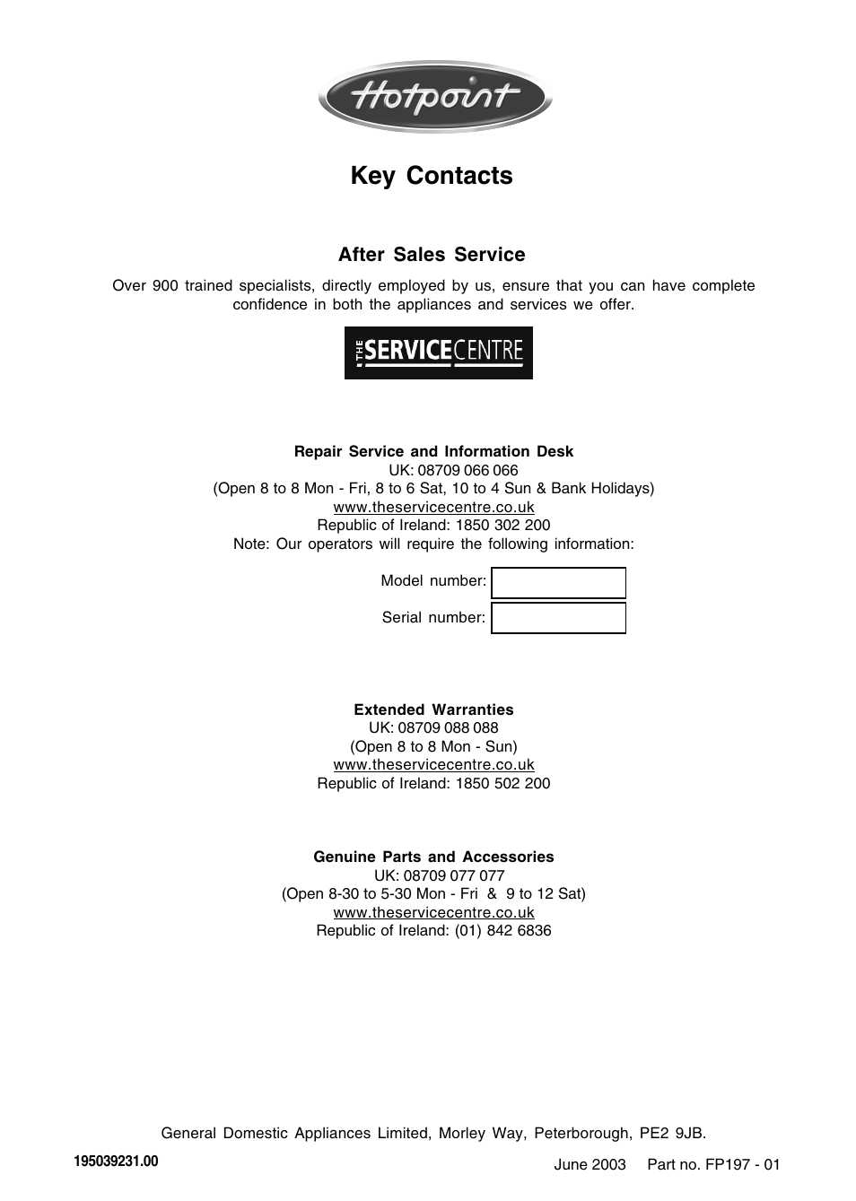 Key contacts | Hotpoint DWF40 User Manual | Page 20 / 20
