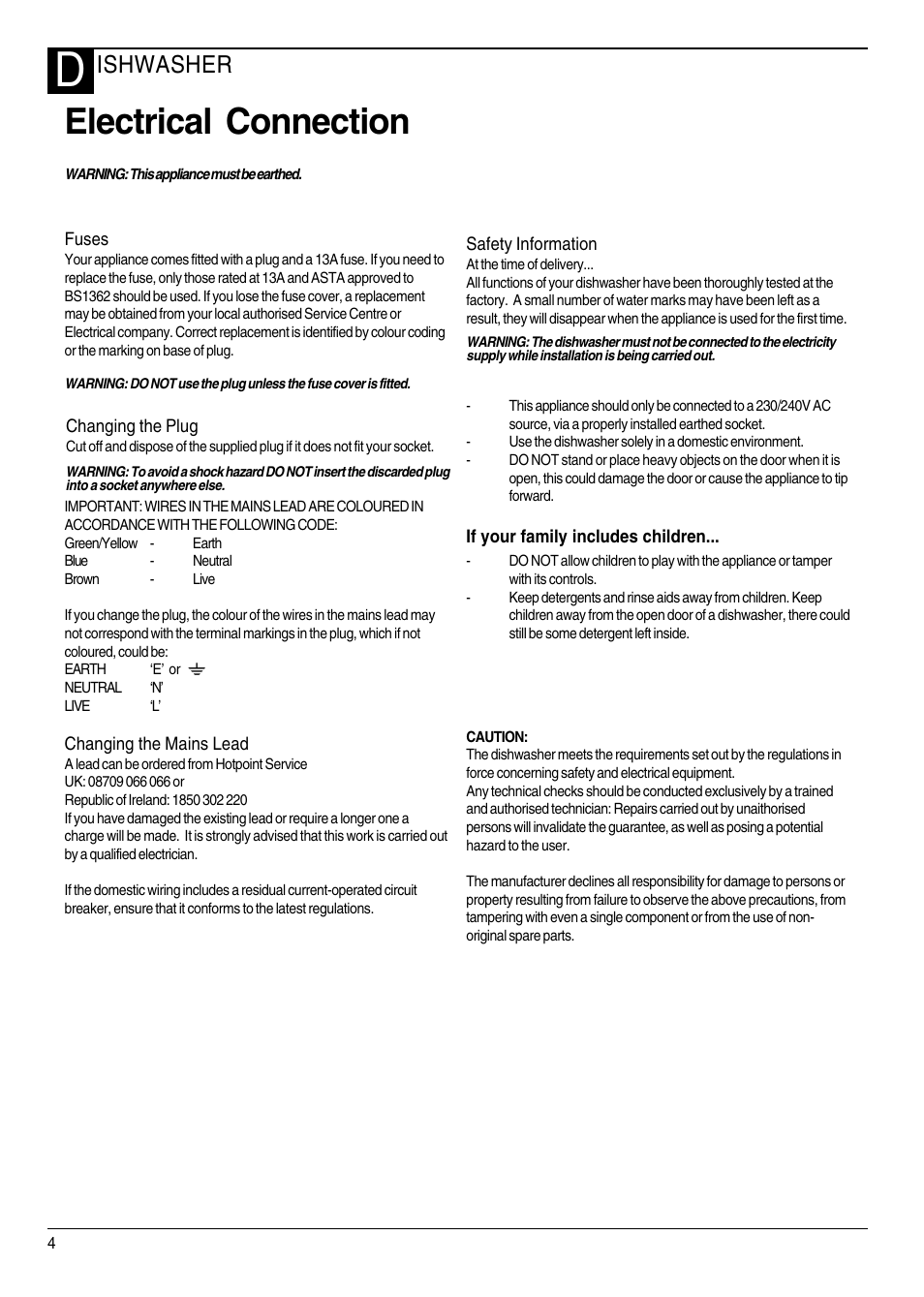 Electrical connection, Ishwasher | Hotpoint DWF40 User Manual | Page 4 / 20