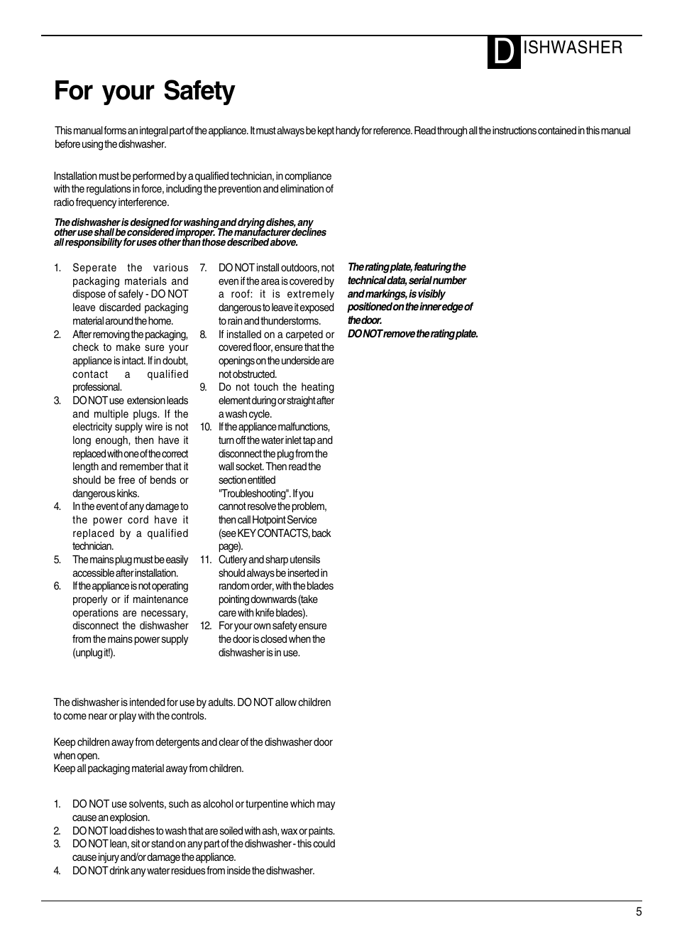 For your safety, Ishwasher | Hotpoint DWF40 User Manual | Page 5 / 20