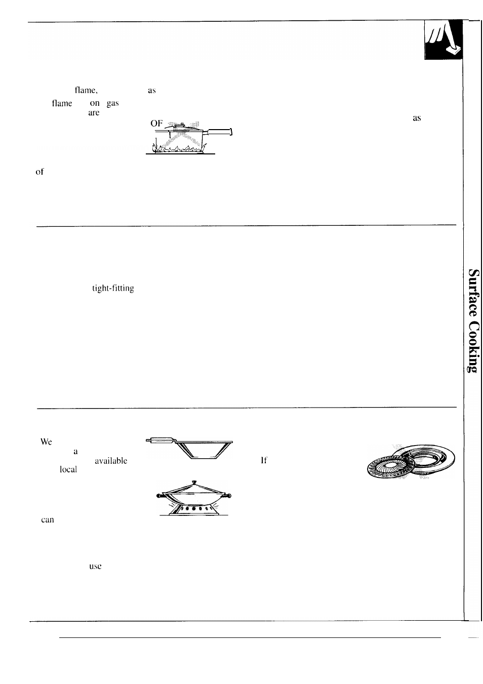 Cookware tips, Flame size, How to select flame size | Top-of-range cookware, Wok cooking, Use of stove top grills | Hotpoint RGB747GER User Manual | Page 9 / 48