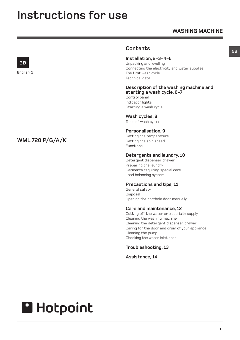 Hotpoint Washing Machine WML User Manual | 16 pages