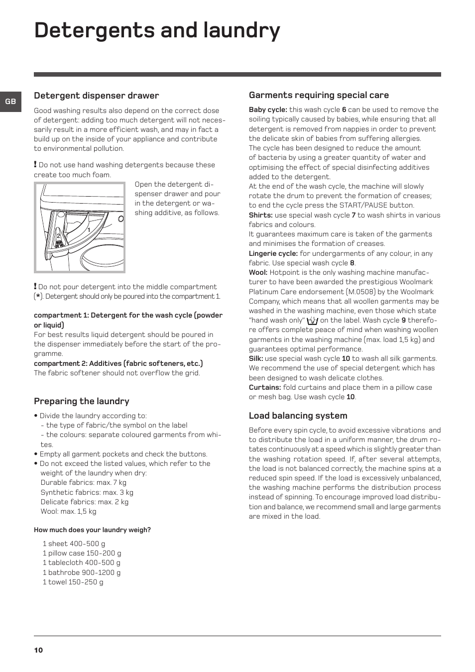 Detergents and laundry | Hotpoint Washing Machine WML User Manual | Page 10 / 16