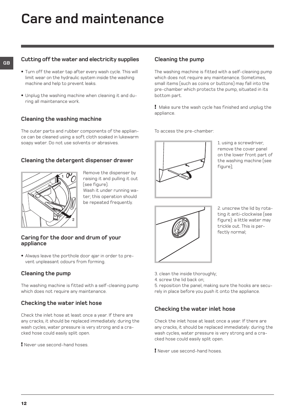 Care and maintenance | Hotpoint Washing Machine WML User Manual | Page 12 / 16