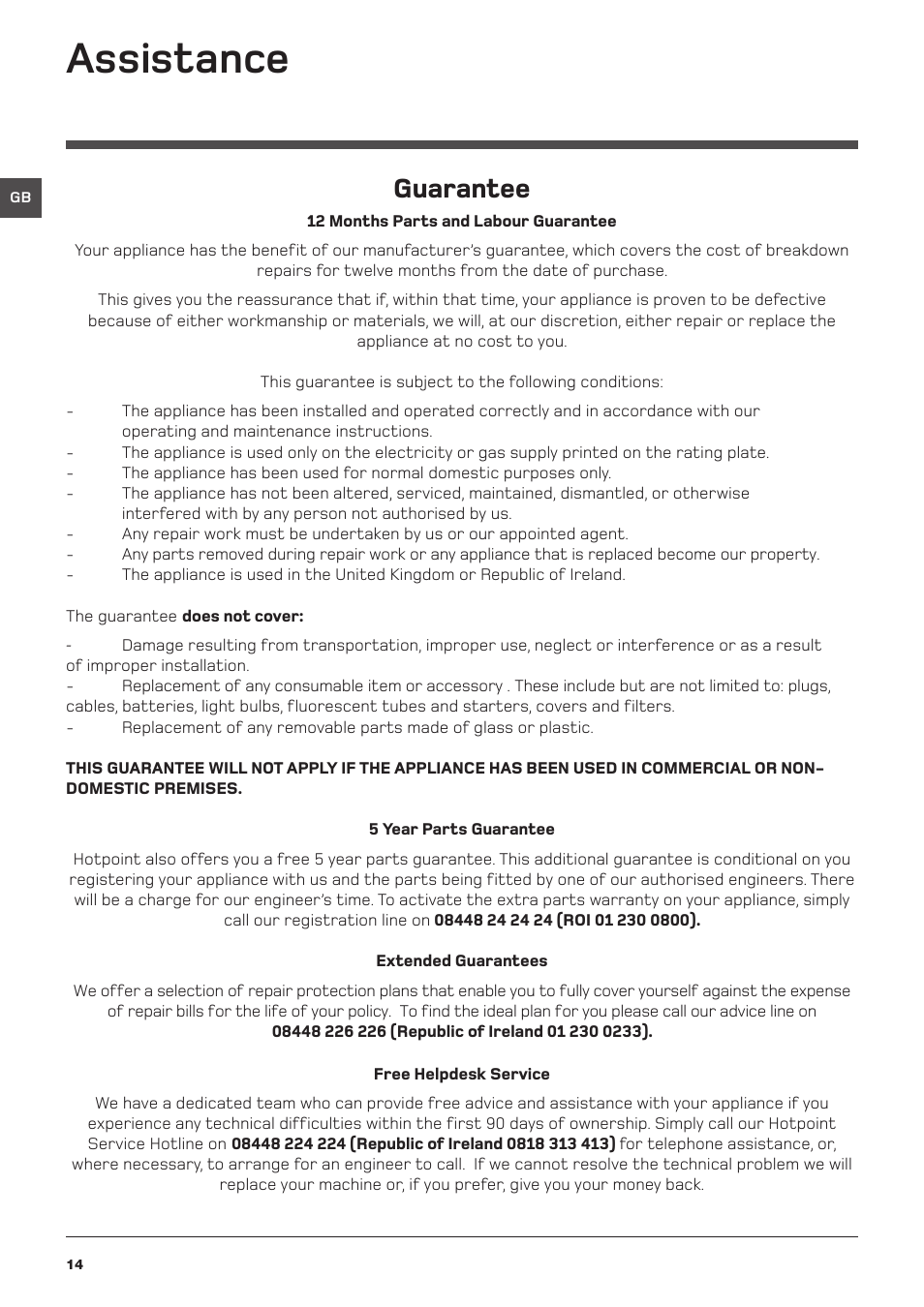 Assistance, Guarantee | Hotpoint Washing Machine WML User Manual | Page 14 / 16