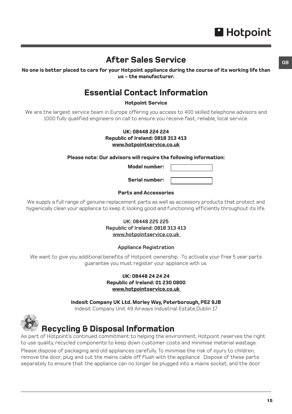 After sales service, Essential contact information, Recycling & disposal information | Hotpoint Washing Machine WML User Manual | Page 15 / 16