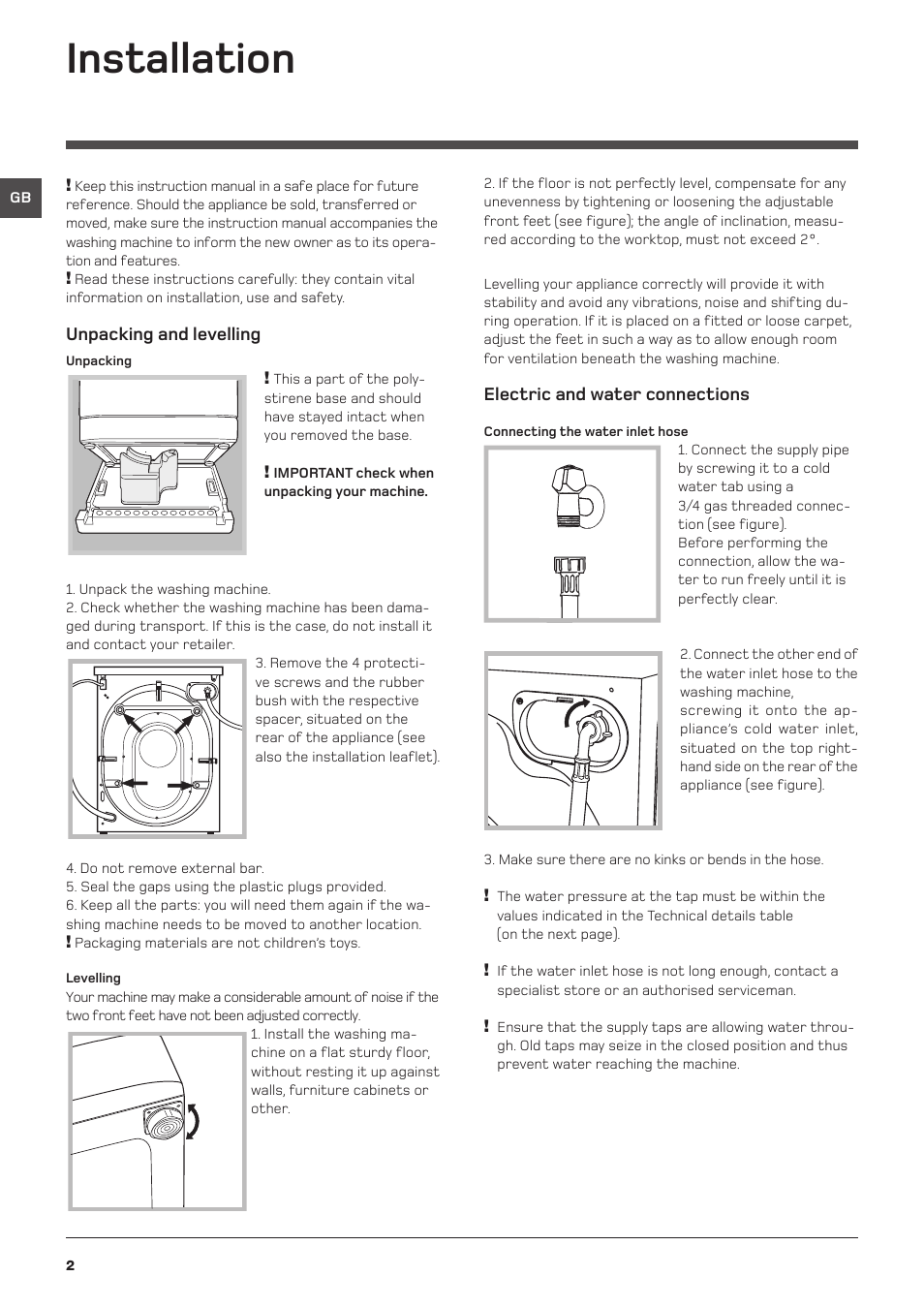 Installation | Hotpoint Washing Machine WML User Manual | Page 2 / 16