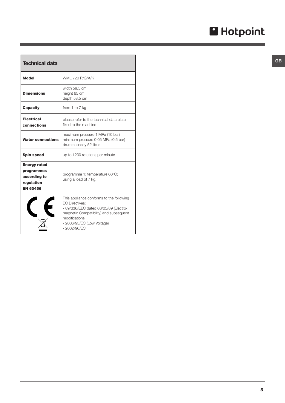 Technical data | Hotpoint Washing Machine WML User Manual | Page 5 / 16