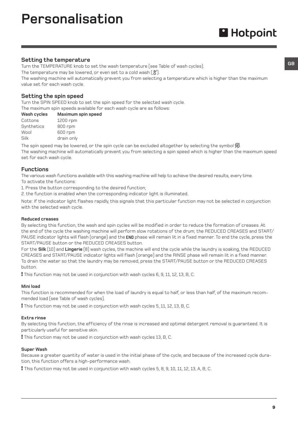 Personalisation | Hotpoint Washing Machine WML User Manual | Page 9 / 16