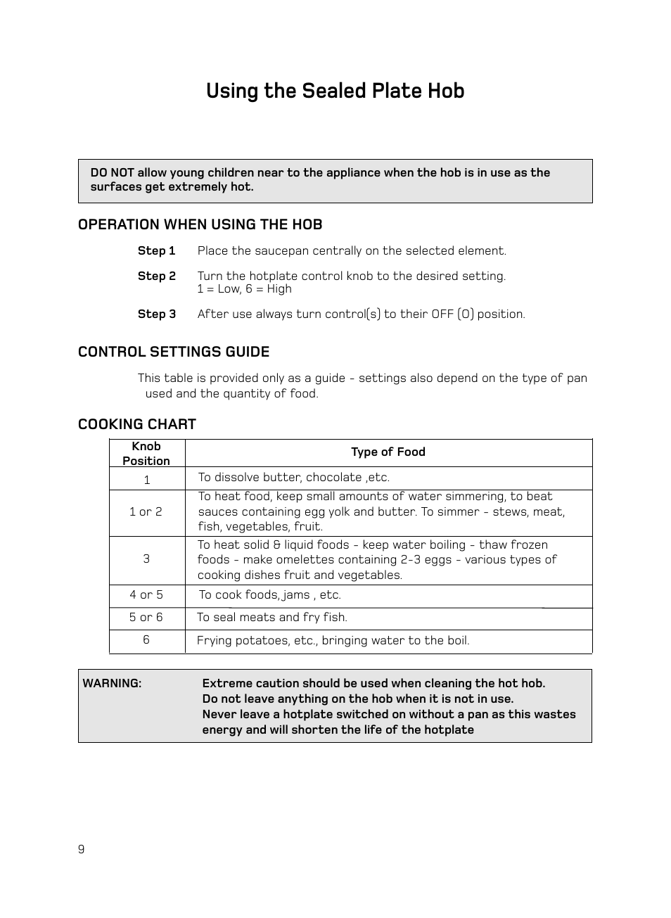 Using the sealed plate hob | Hotpoint H050E User Manual | Page 10 / 24