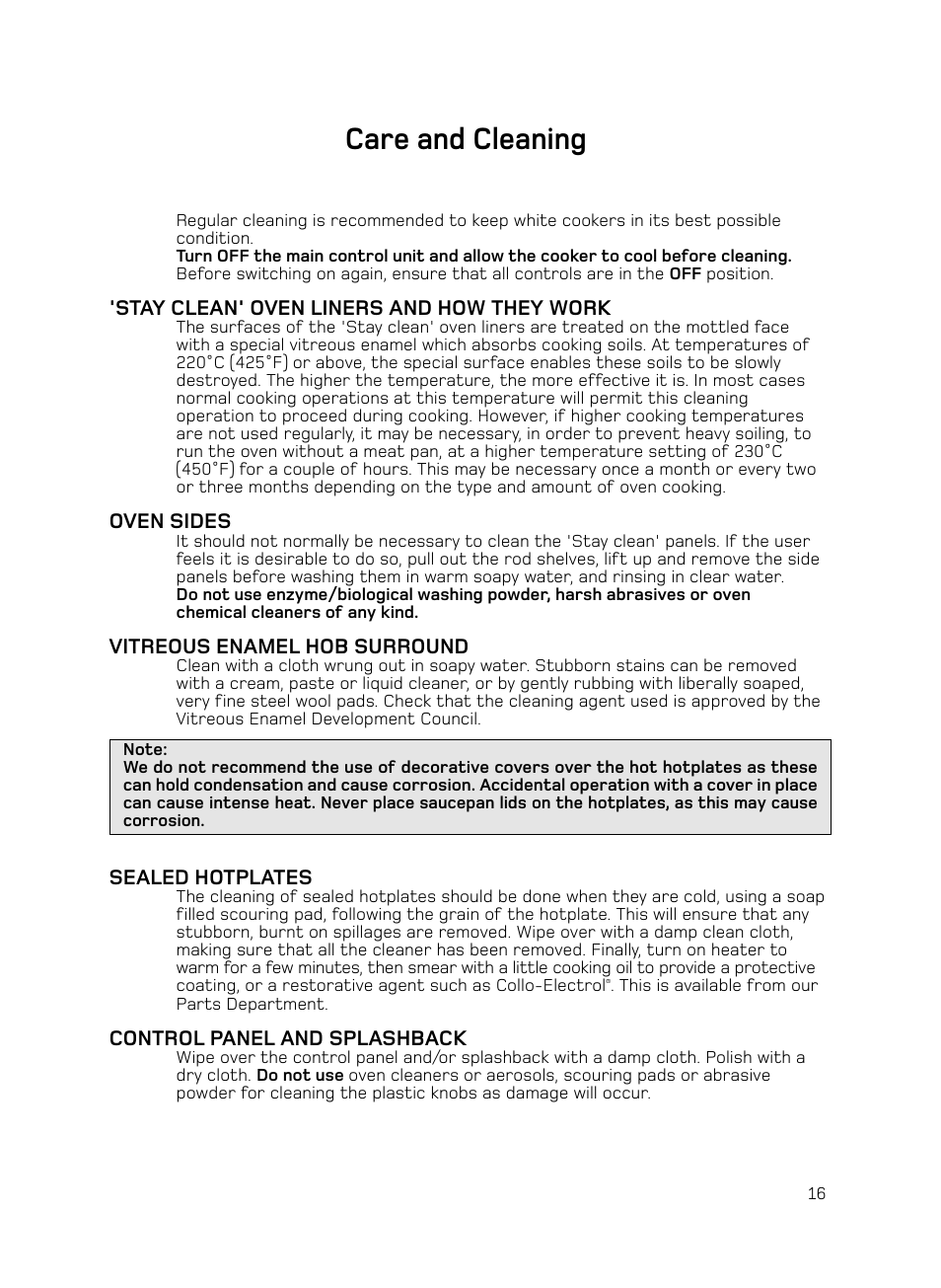 Care and cleaning | Hotpoint H050E User Manual | Page 17 / 24