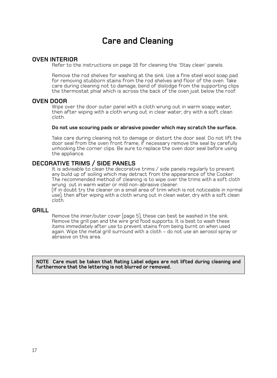 Care and cleaning | Hotpoint H050E User Manual | Page 18 / 24