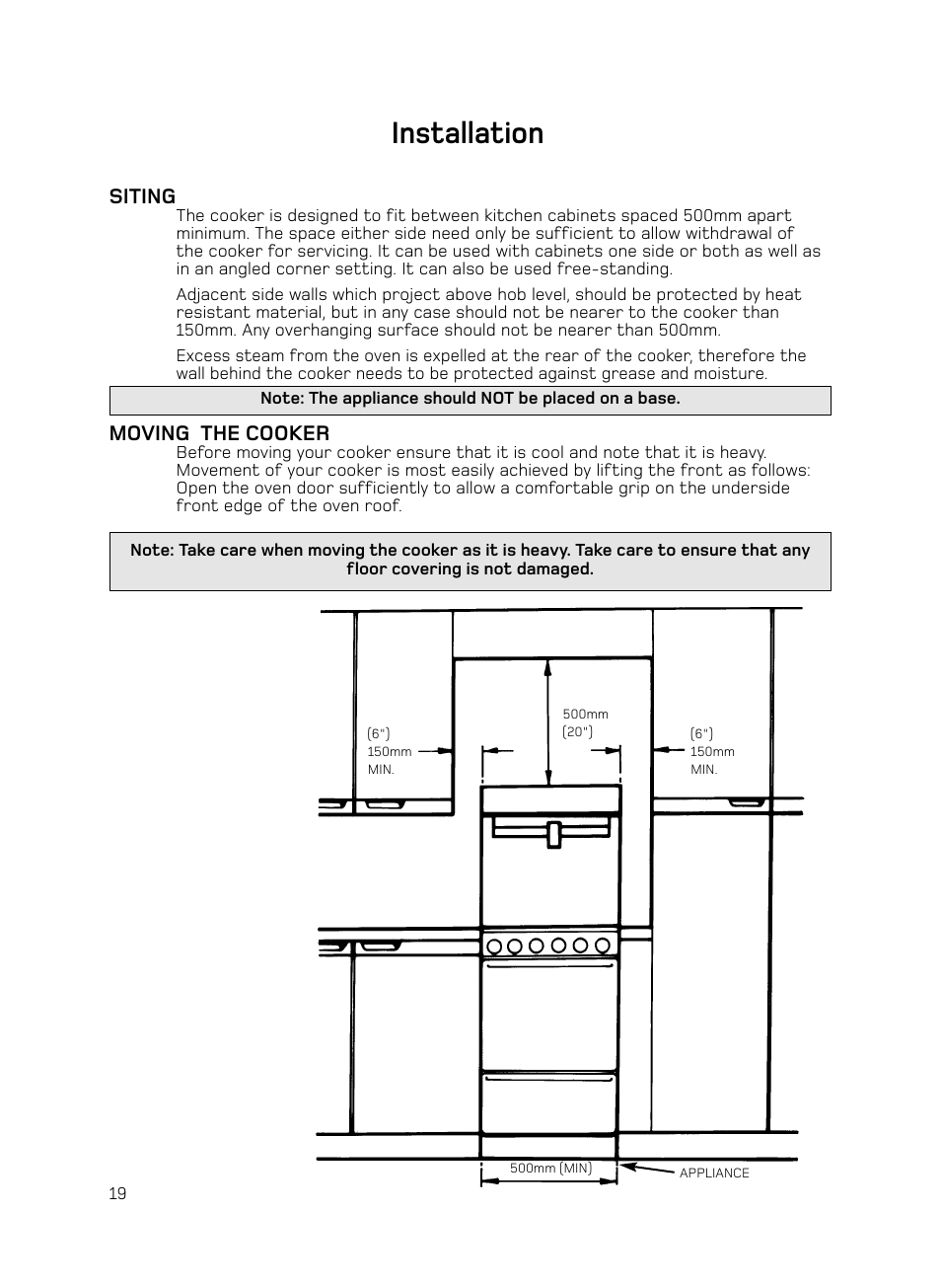 Installation, Siting, Moving the cooker | Hotpoint H050E User Manual | Page 20 / 24