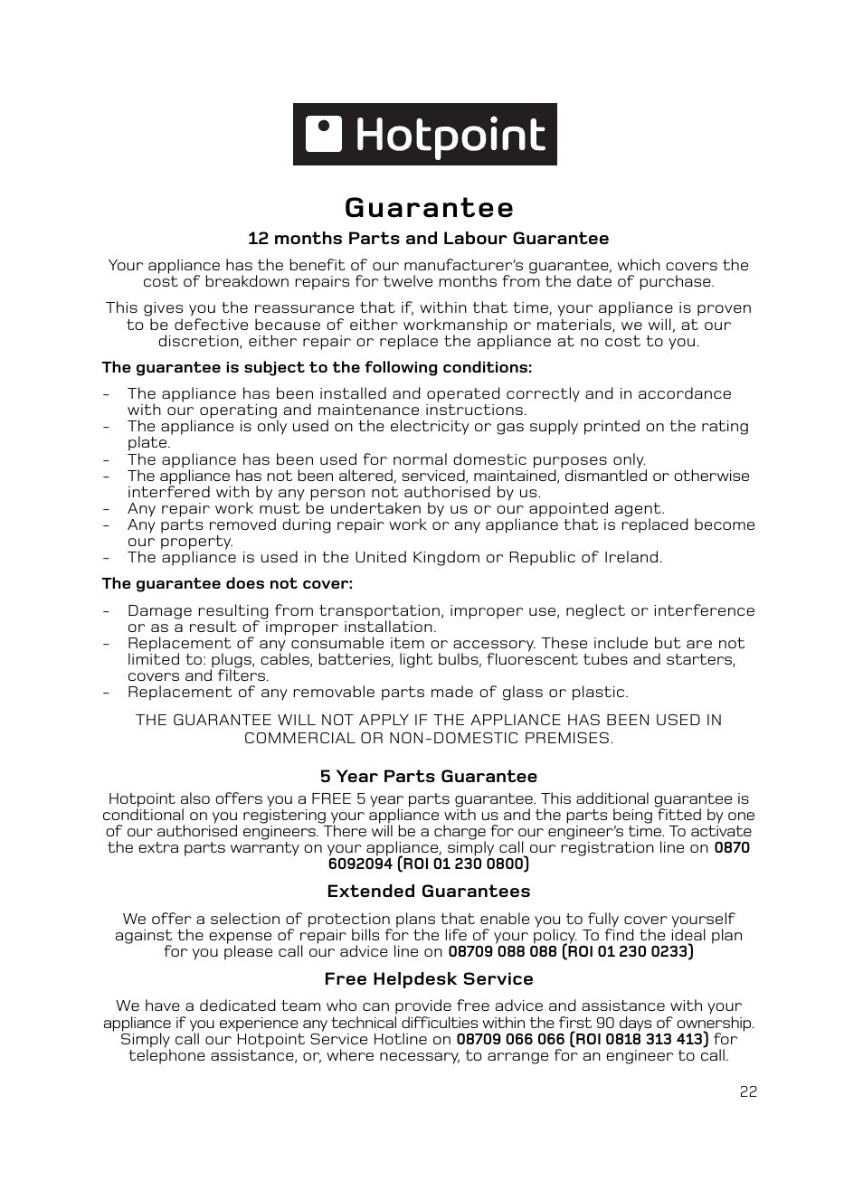 Guarantee | Hotpoint H050E User Manual | Page 23 / 24