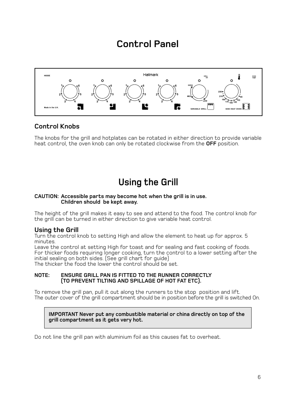 Using the grill, Control panel | Hotpoint H050E User Manual | Page 7 / 24