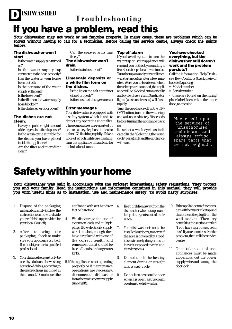 Safety within your home, If you have a problem, read this, Troubleshooting | Ishwasher | Hotpoint DC 28 User Manual | Page 11 / 16