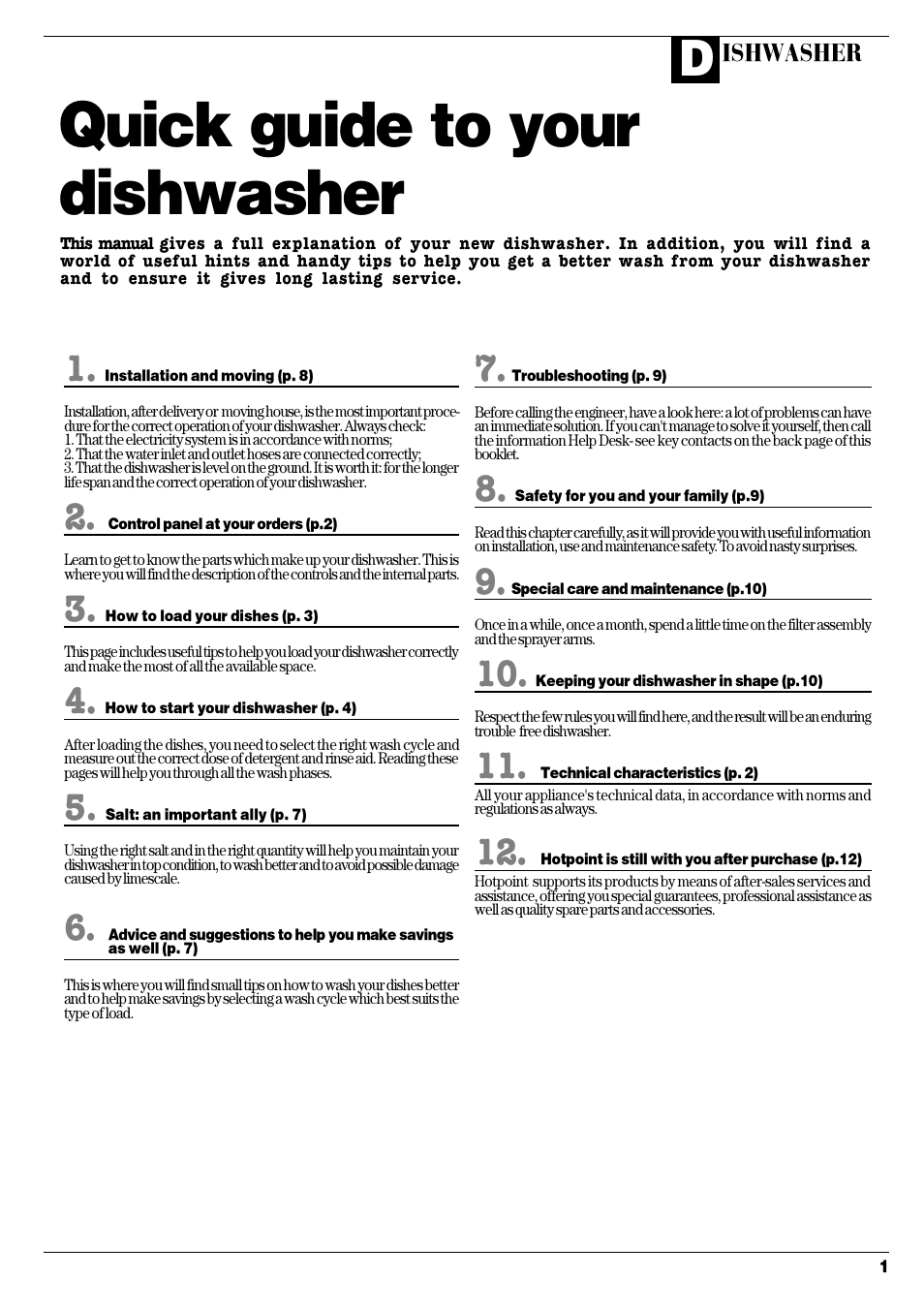 Quick guide to your dishwasher | Hotpoint DC 28 User Manual | Page 2 / 16