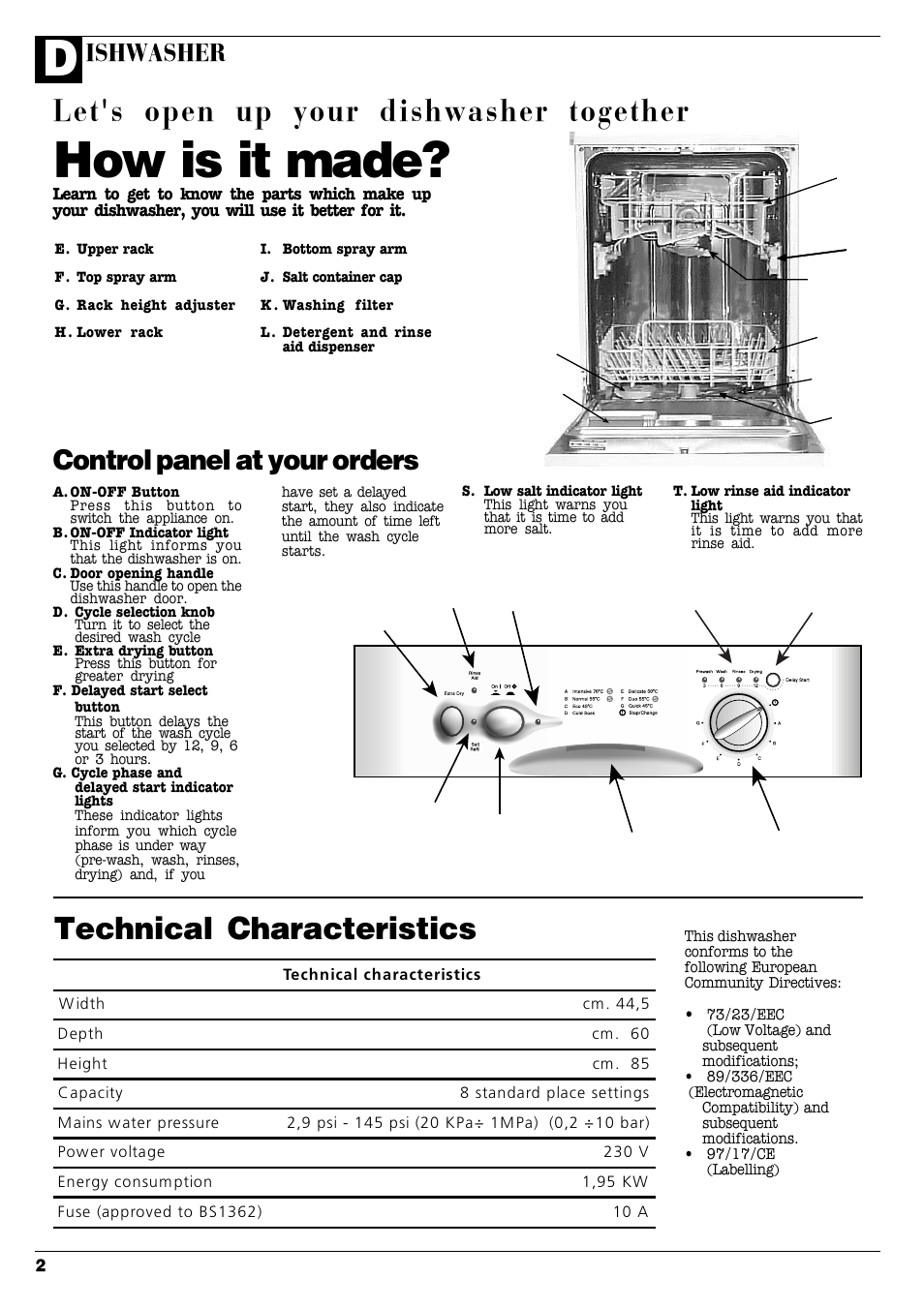 How is it made, Let's open up your dishwasher together, Technical characteristics | Control panel at your orders, Ishwasher | Hotpoint DC 28 User Manual | Page 3 / 16